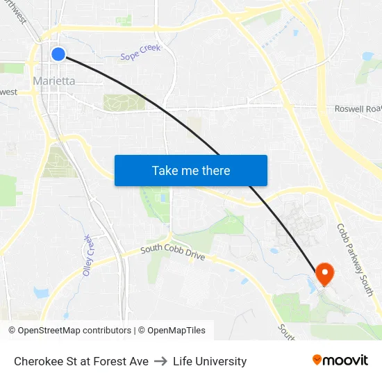 Cherokee St at Forest Ave to Life University map