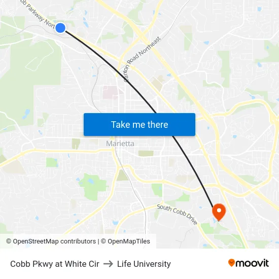 Cobb Pkwy at White Cir to Life University map