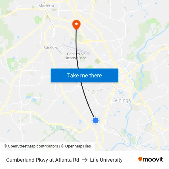Cumberland Pkwy at Atlanta Rd to Life University map