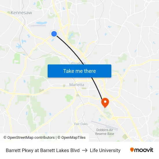 Barrett Pkwy at Barrett Lakes Blvd to Life University map