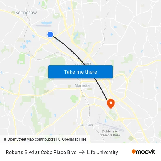 Roberts Blvd at Cobb Place Blvd to Life University map