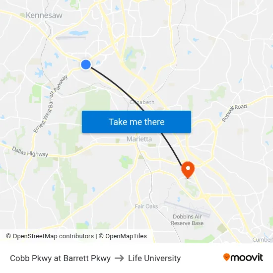 Cobb Pkwy at Barrett Pkwy to Life University map
