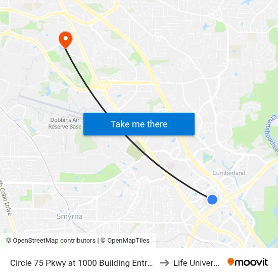 Circle 75 Pkwy at 1000 Building Entrance to Life University map