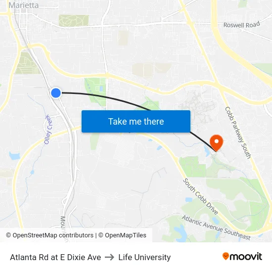 Atlanta Rd at E Dixie Ave to Life University map