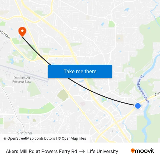 Akers Mill Rd at Powers Ferry Rd to Life University map