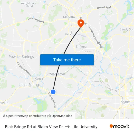 Blair Bridge Rd at Blairs View Dr to Life University map