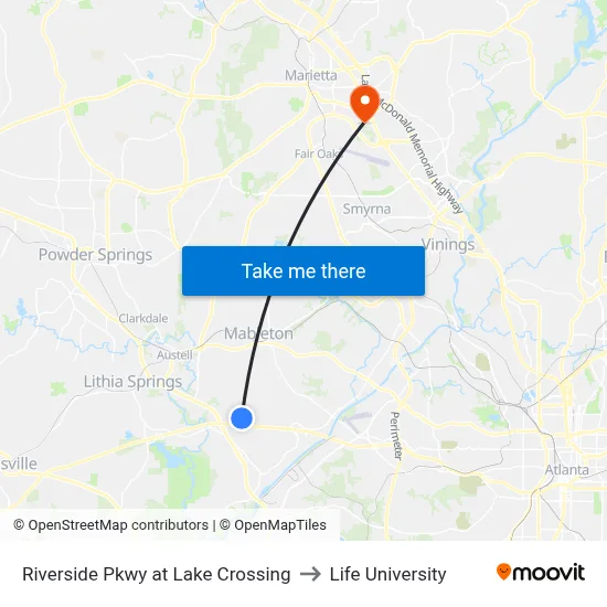 Riverside Pkwy at Lake Crossing to Life University map