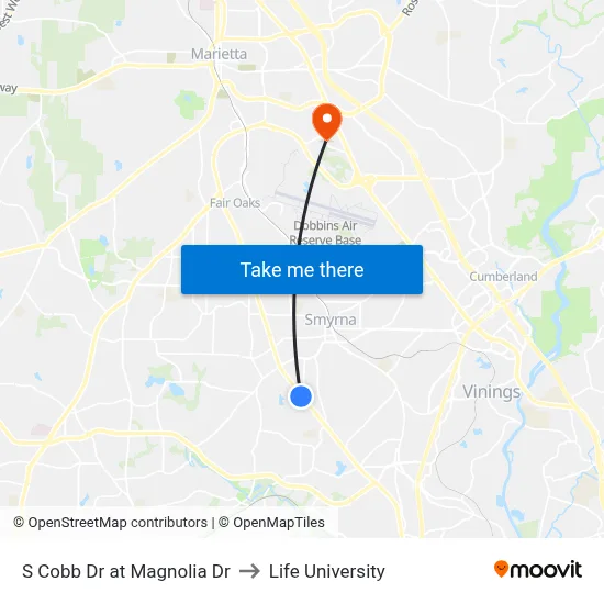 S Cobb Dr at Magnolia Dr to Life University map