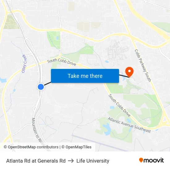 Atlanta Rd at Generals Rd to Life University map