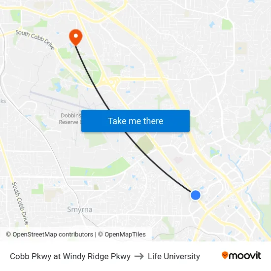 Cobb Pkwy at Windy Ridge Pkwy to Life University map