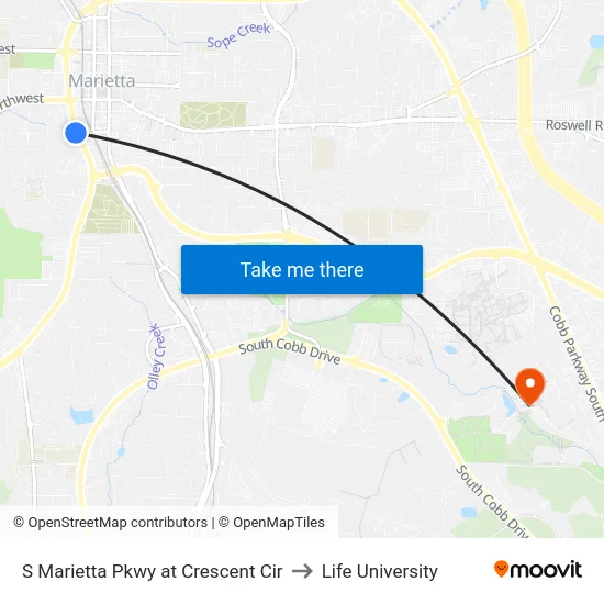S Marietta Pkwy at Crescent Cir to Life University map