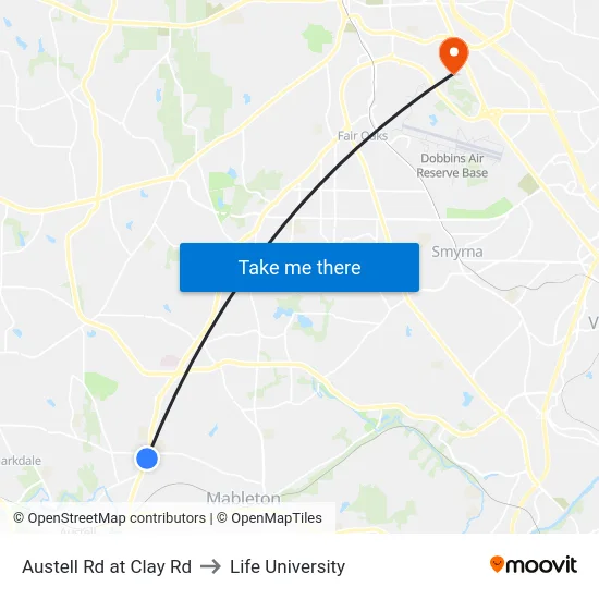 Austell Rd at Clay Rd to Life University map
