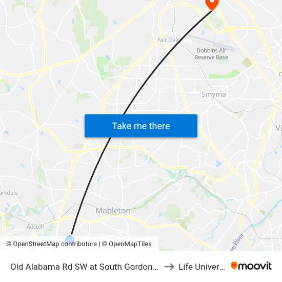 Old Alabama Rd SW at South Gordon Rd SW to Life University map