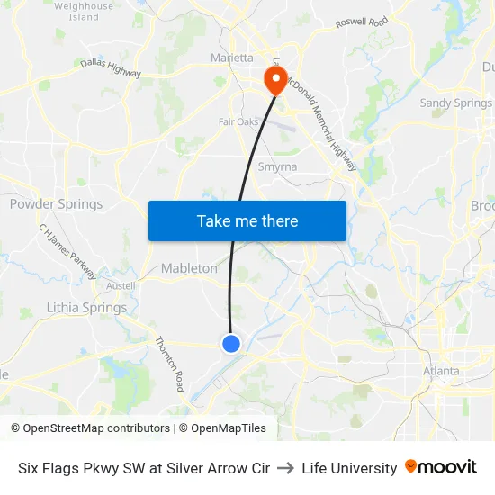 Six Flags Pkwy SW at Silver Arrow Cir to Life University map
