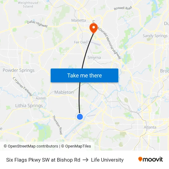 Six Flags Pkwy SW at Bishop Rd to Life University map