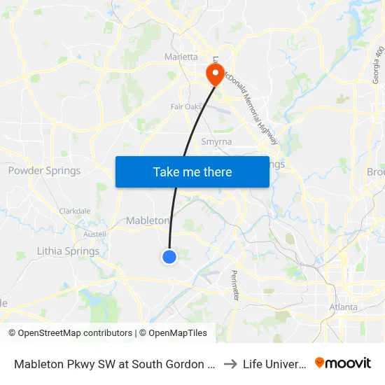 Mableton Pkwy SW at South Gordon Rd SW to Life University map