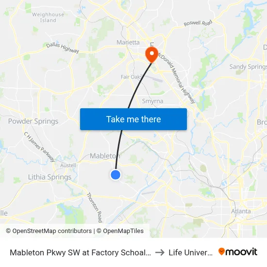 Mableton Pkwy SW at Factory Schoals Rd S to Life University map