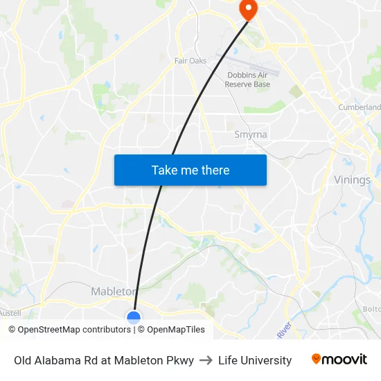 Old Alabama Rd at Mableton Pkwy to Life University map