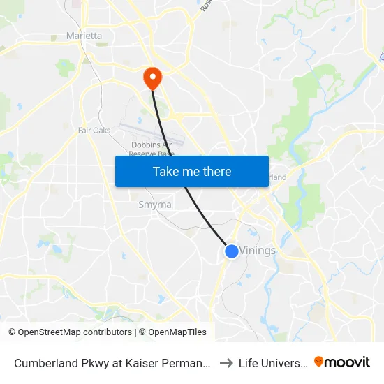 Cumberland Pkwy at Kaiser Permanente to Life University map