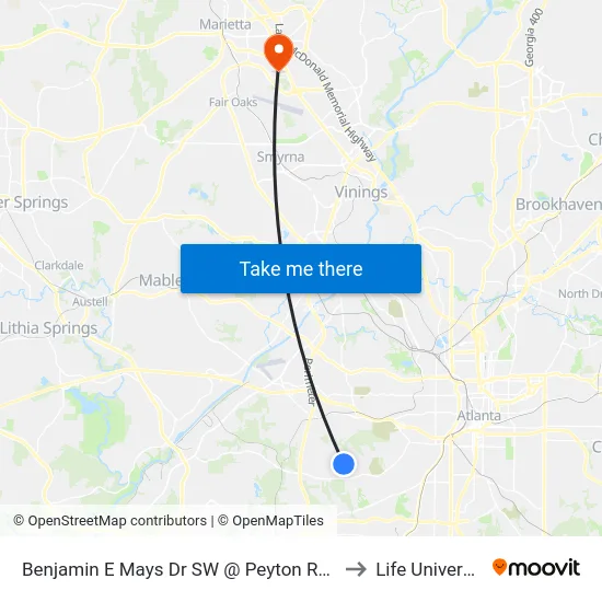 Benjamin E Mays Dr SW @ Peyton Rd SW to Life University map