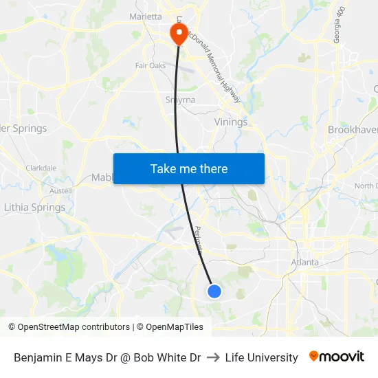 Benjamin E Mays Dr @ Bob White Dr to Life University map