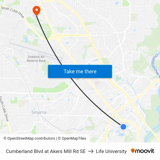Cumberland Blvd at Akers Mill Rd SE to Life University map