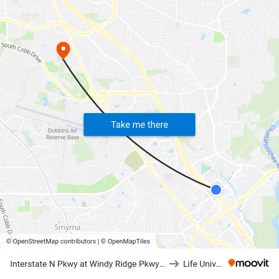 Interstate N Pkwy at Windy Ridge Pkwy SE / Cobb CH to Life University map