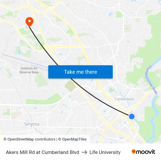 Akers Mill Rd at Cumberland Blvd to Life University map