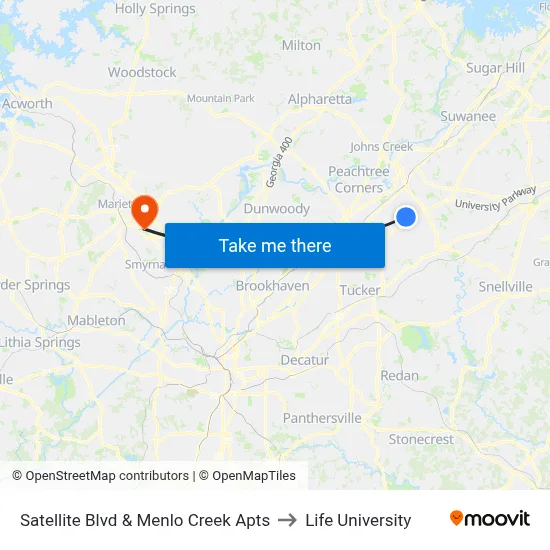 Satellite Blvd & Menlo Creek Apts to Life University map