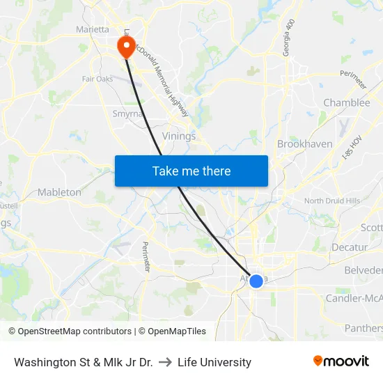 Washington St & Mlk Jr Dr. to Life University map