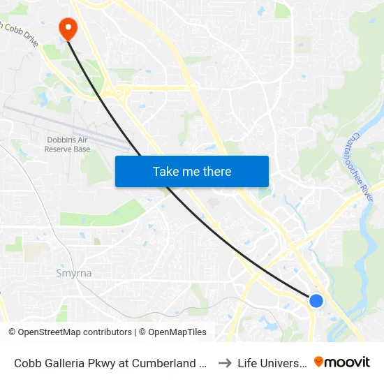 Cobb Galleria Pkwy at Cumberland Blvd to Life University map