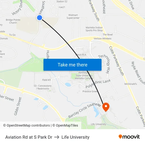 Aviation Rd at S Park Dr to Life University map