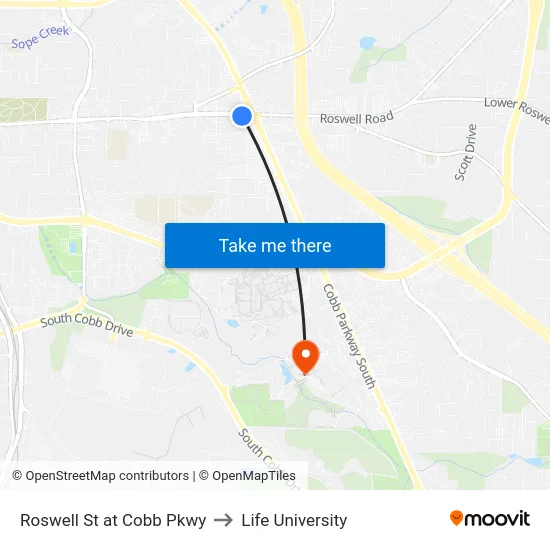 Roswell St at Cobb Pkwy to Life University map