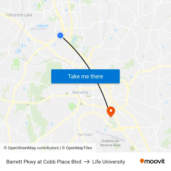 Barrett Pkwy at Cobb Place Blvd to Life University map
