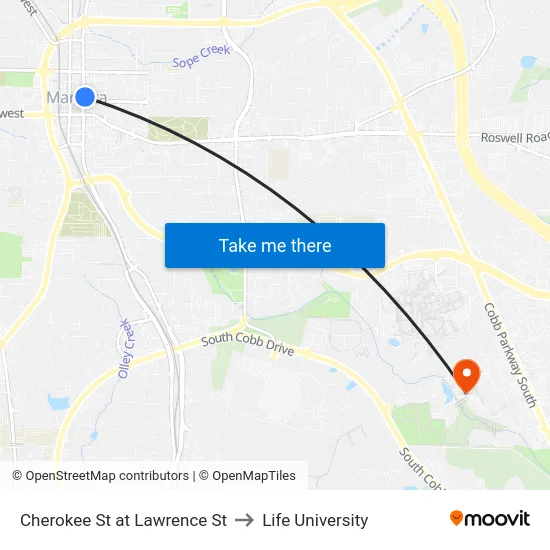 Cherokee St at Lawrence St to Life University map