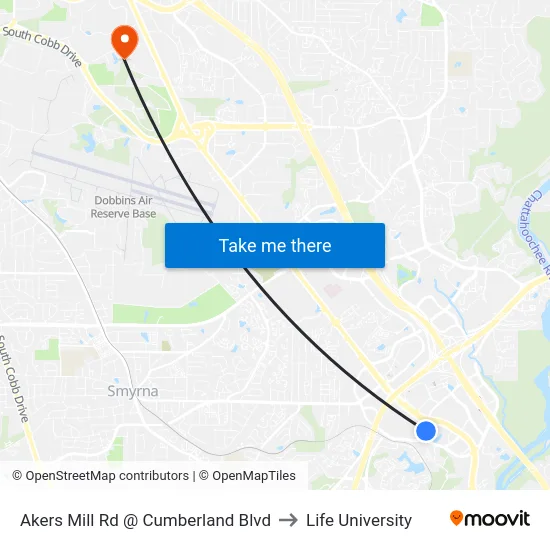 Akers Mill Rd @ Cumberland Blvd to Life University map