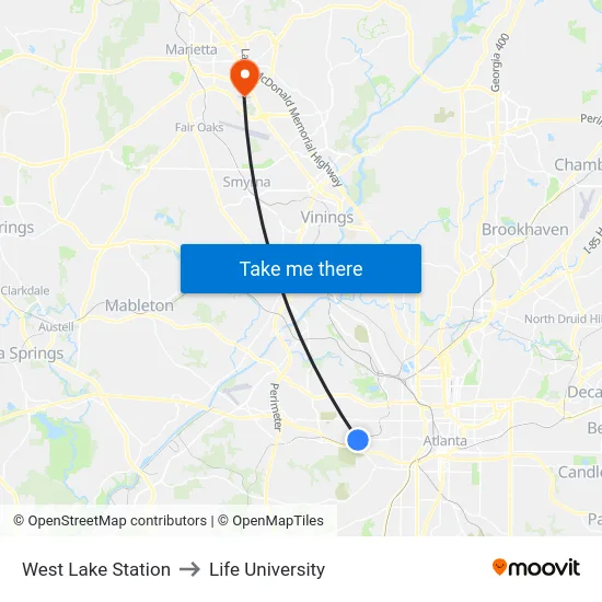 West Lake Station to Life University map