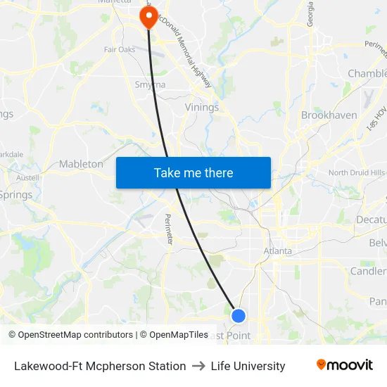 Lakewood-Ft Mcpherson Station to Life University map