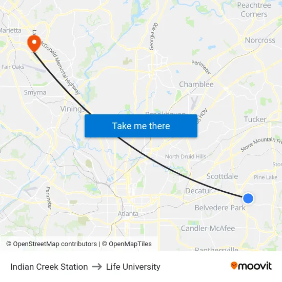 Indian Creek Station to Life University map