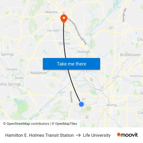 Hamilton E. Holmes Transit Station to Life University map