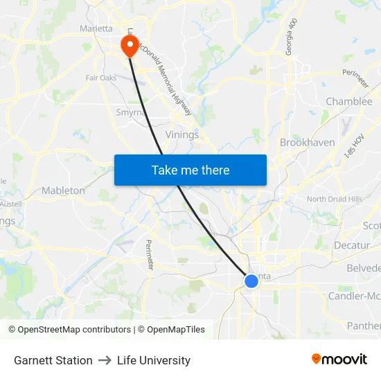 Garnett Station to Life University map