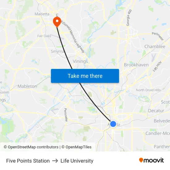 Five Points Station to Life University map