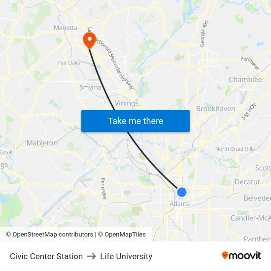Civic Center Station to Life University map