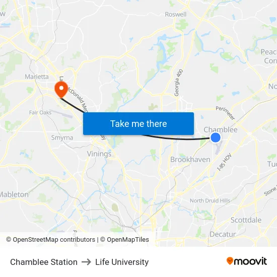 Chamblee Station to Life University map