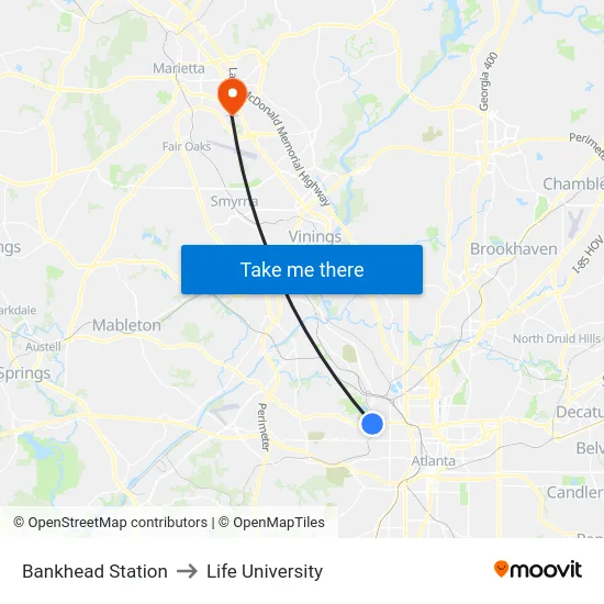 Bankhead Station to Life University map