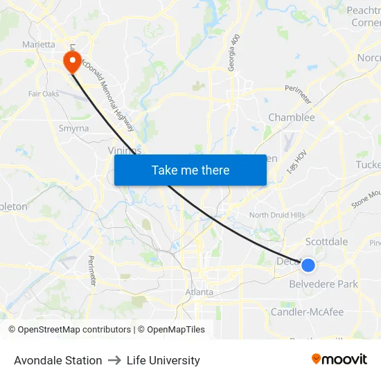 Avondale Station to Life University map