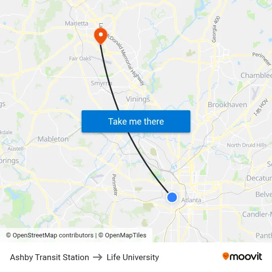 Ashby Transit Station to Life University map