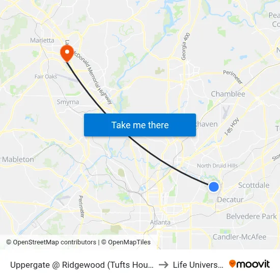 Uppergate @ Ridgewood (Tufts House) to Life University map