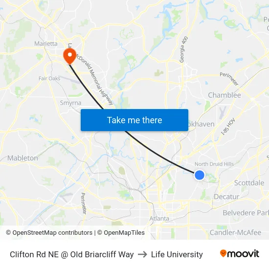 Clifton Rd NE @ Old Briarcliff Way to Life University map