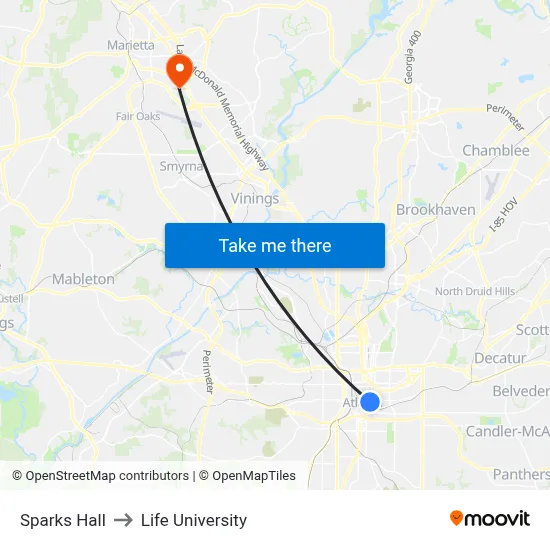 Sparks Hall to Life University map